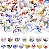 SUNNYCLUE 1 Box 60Pcs 15 Colors Ceramic Heart Shaped Beads Porcelain Flower Beads Bulk Chinese Colorful Floral Printed Loose Spacers for Jewelry Making Supplies DIY Crafts Bracelets Necklace Earrings