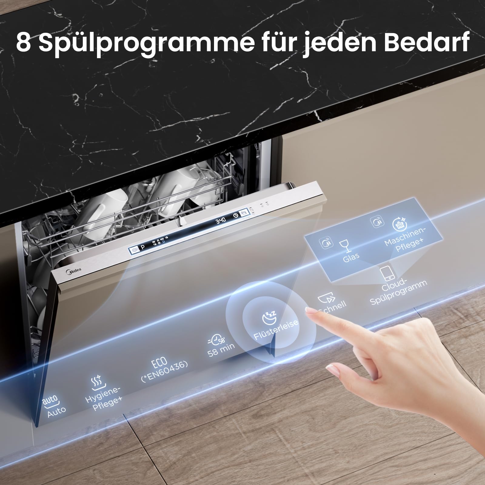 Midea SV 5.14K14C Geschirrspüler Vollintegriert 60cm, 14 Maßgedecke, Spülmaschine Unterbaufähig mit WIFI, 8 Programme, 44 dB, Automatische Türöffnung, 0-24H Startverzögerung, Inox 7