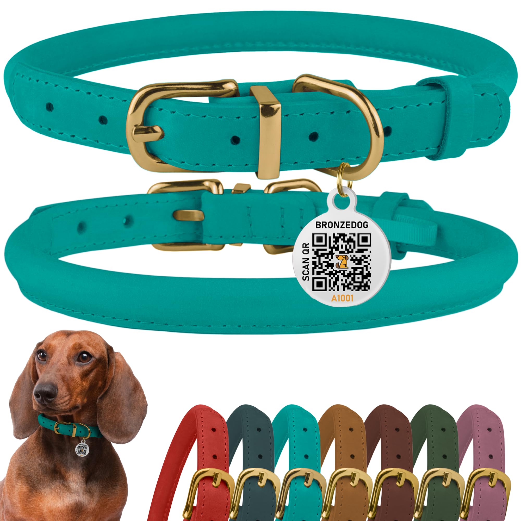 BRONZEDOG Rolled Leather Dog Collar with QR ID Tag Adjustable Soft Round Collars for Small Medium Large Dogs Puppy Cat (Turquoise, 28-36 cm)