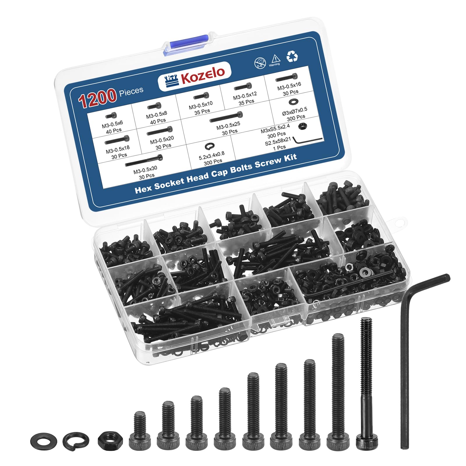 Kozelo 1200pcs M3 Socket Head Cap Screws Bolts Nuts Assortment Kit - [M3x6/8/10/12/16/18/20/25/30mm] Alloy Steel Black Oxide 12.9 Internal Hex Screw for 3D Printer Use,with Wrench — image 1
