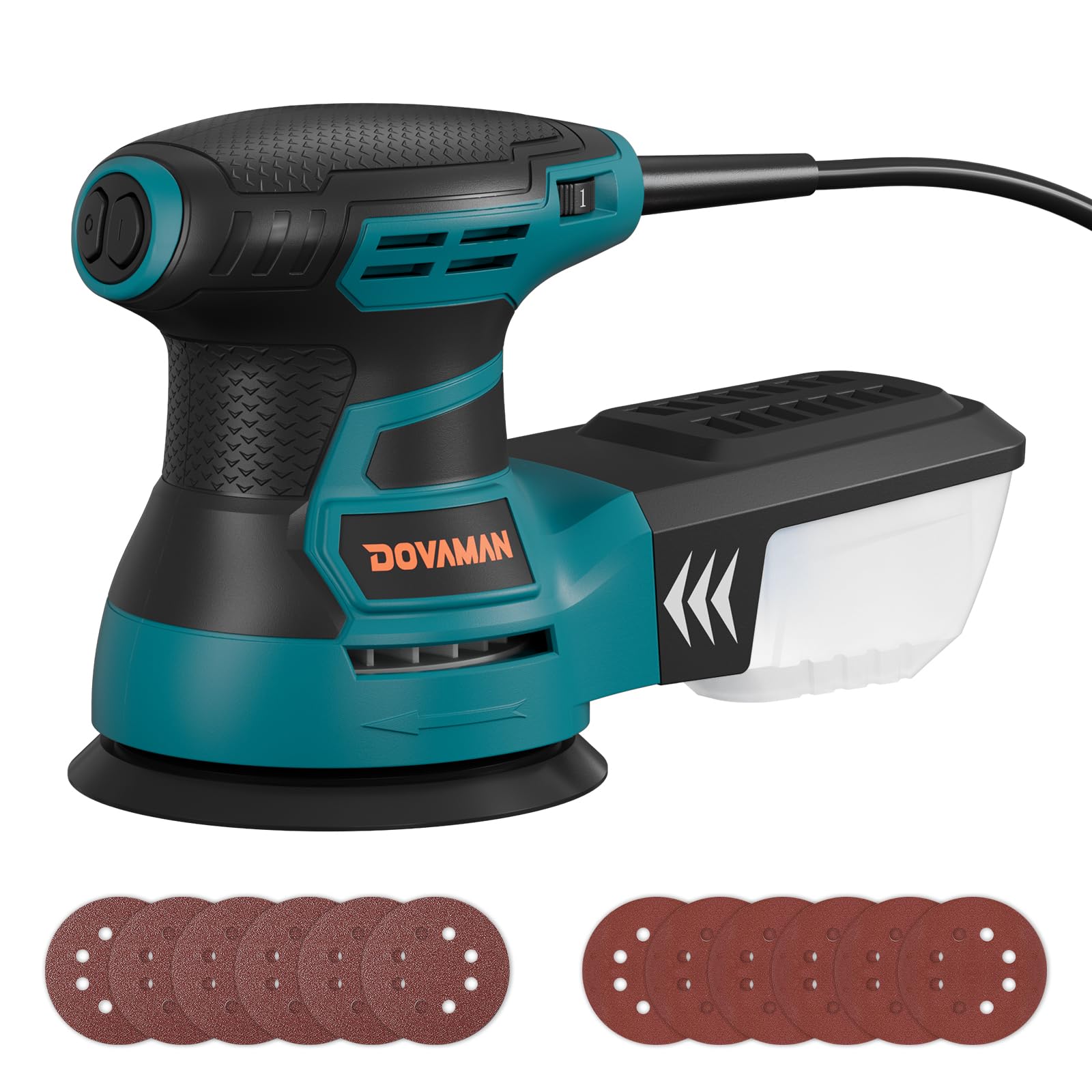 DOVAMAN 350W Random Orbital Sander, Electric Sander for Wood & Metal, 6 Variable Speeds up to 13000RPM, 125mm Sanding Pad, Dust Collection Box & 12Pcs Sandpapers, Power Sanding Machine for DIY