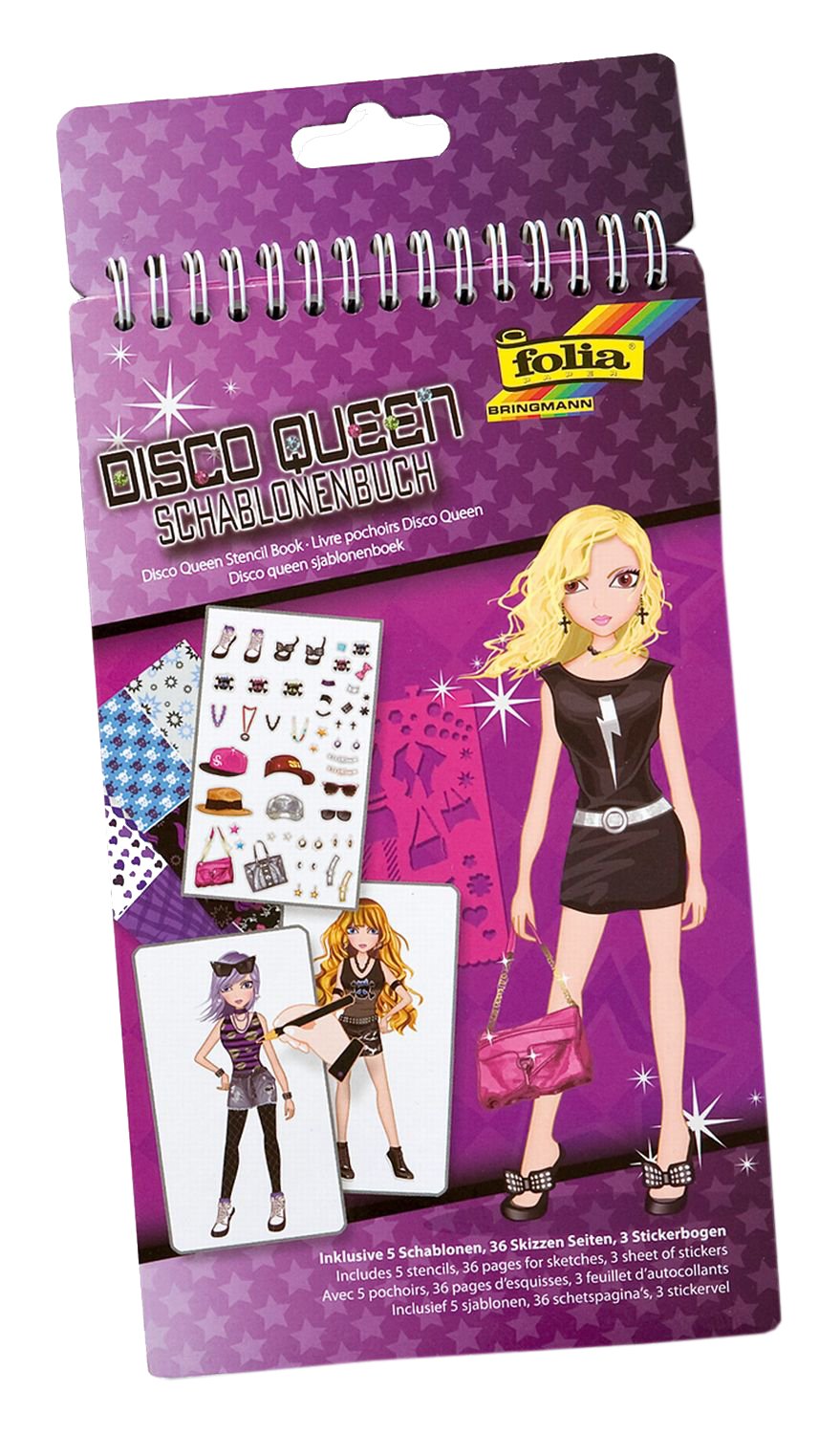 folia 41103 Stencil Book Disco Queen Pad with 36 Colouring Pages, 5 Stencils and 3 Sticker Sheets, Ideal for Girls