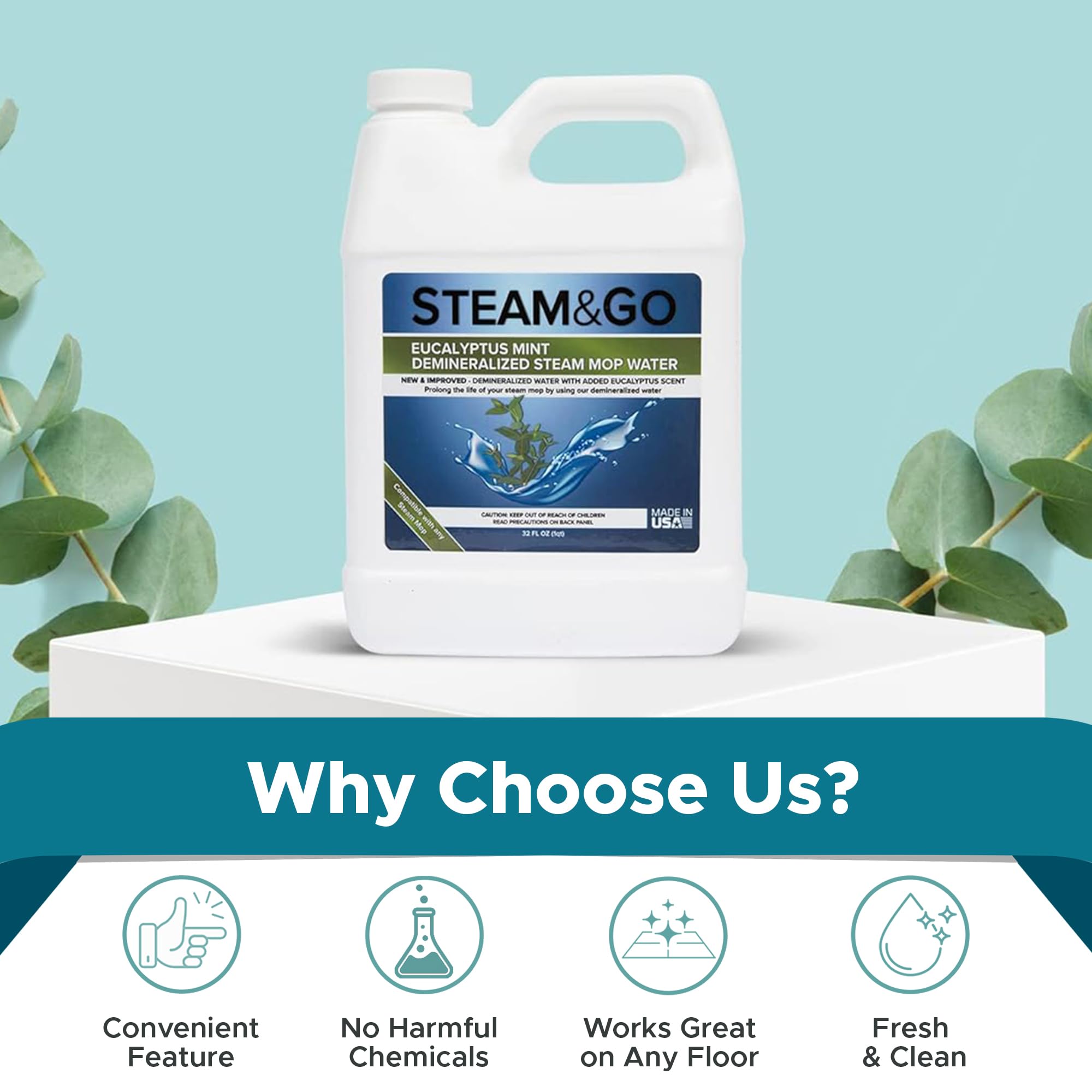 Steam & Go - Demineralized Water for Steam Cleaner, PVC-Free Floor Cleaner Liquid Compatible With Any Steam Mop, Ready-to-Use Multisurface Cleaner, Scented Mop Solution, Eucalyptus Mint, 32 oz