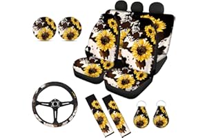 Wanyint Sunflower Cow Print Car Seat Cover Split Covers for Women Men,Car Steering Wheel Cover Seatbelt Strap Shoulder Cover and 2Pcs Coasters 2Pcs Key Chains Easy to Install