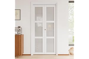 JuJuBon Bifold Doors, 36"x 80" 3-Lite Tempered Frosted Glass Closet Door with Sliding Hardware Kit, Interior Bi Fold Doors for Pantry, Solid Build Quality & Easy Install, White