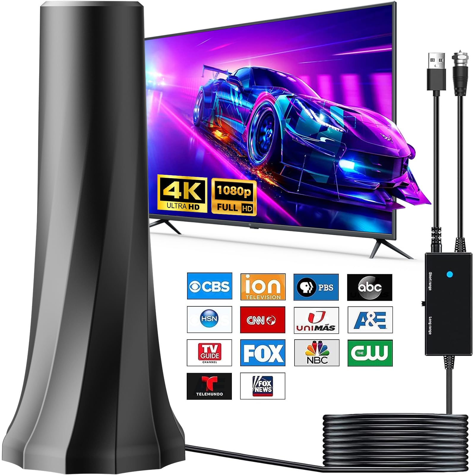 Photo 1 of 2025 TV Antenna for Smart TV and Old TV, 1900+ Miles Range HD Digital TV Antenna Indoor with 360° Signal Strongest Booster, Supports Local Channels 1080P 4K Reception 16.41FT Long Cable