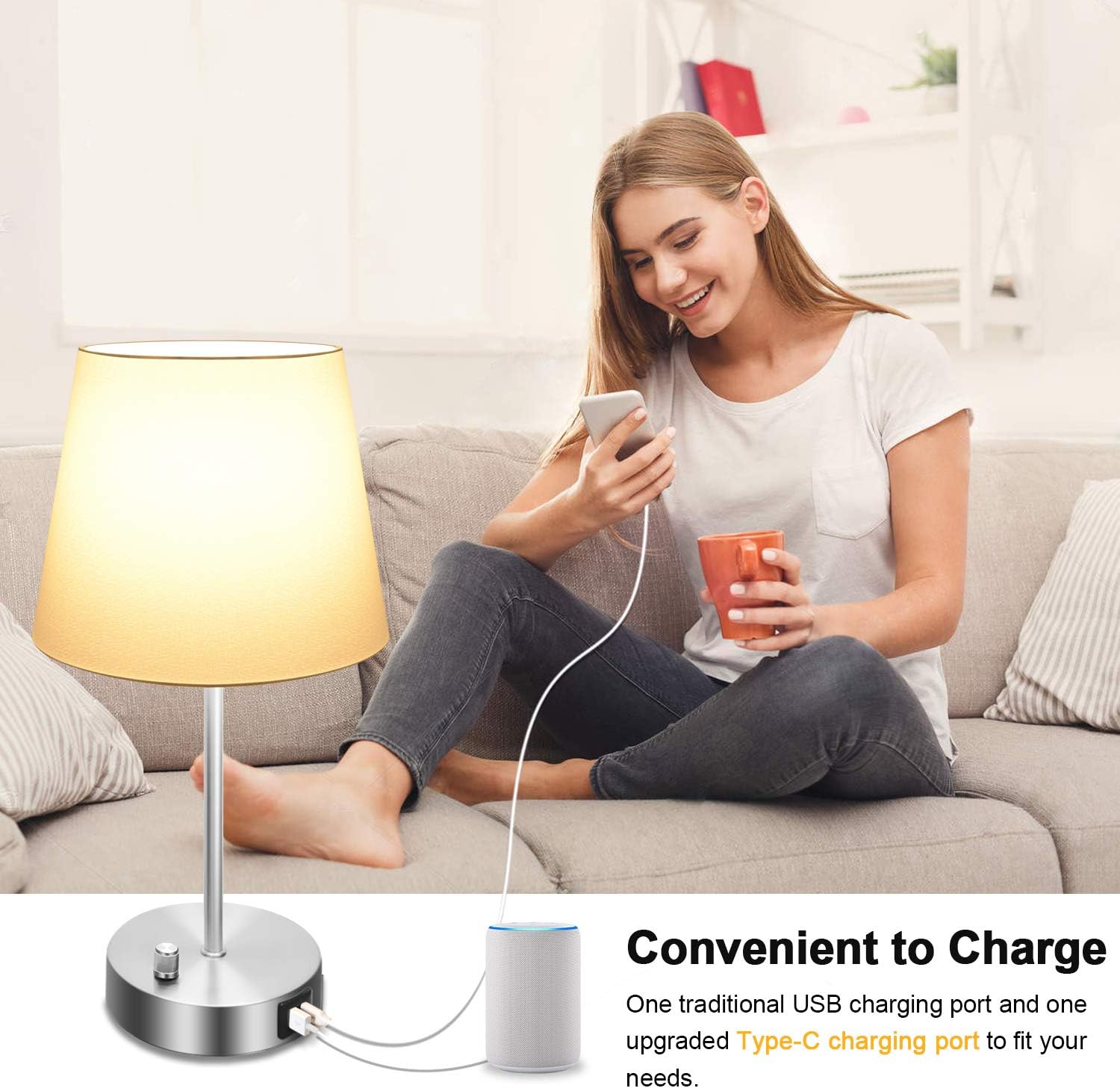 Fully Dimmable Bedside Table Lamp with USB and Type-C Ports, Modern Nightstand Lamp, Desk Reading Lamp with Fabric Shade for Bedroom Living Room Dorm Office & Hotel, 7W 2700K LED Edison Bulb Included - - 