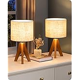 EDISHINE Small Table Lamp, Wooden Tripod Bedside Lamp with Linen Fabric Lampshade, 14.2" Nightstand Lamp for Bedroom, Living Room, Office, 2 Pack