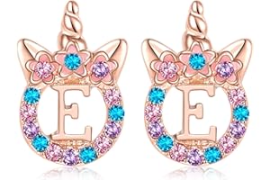 TRWWELL Cute Rose Gold Silver Initial Unicorn Hypoallergenic Stud Earrings Rhinestone Initial Letter Stud Earrings for Girls Unicorns Jewelry Gifts for Kids Toddler