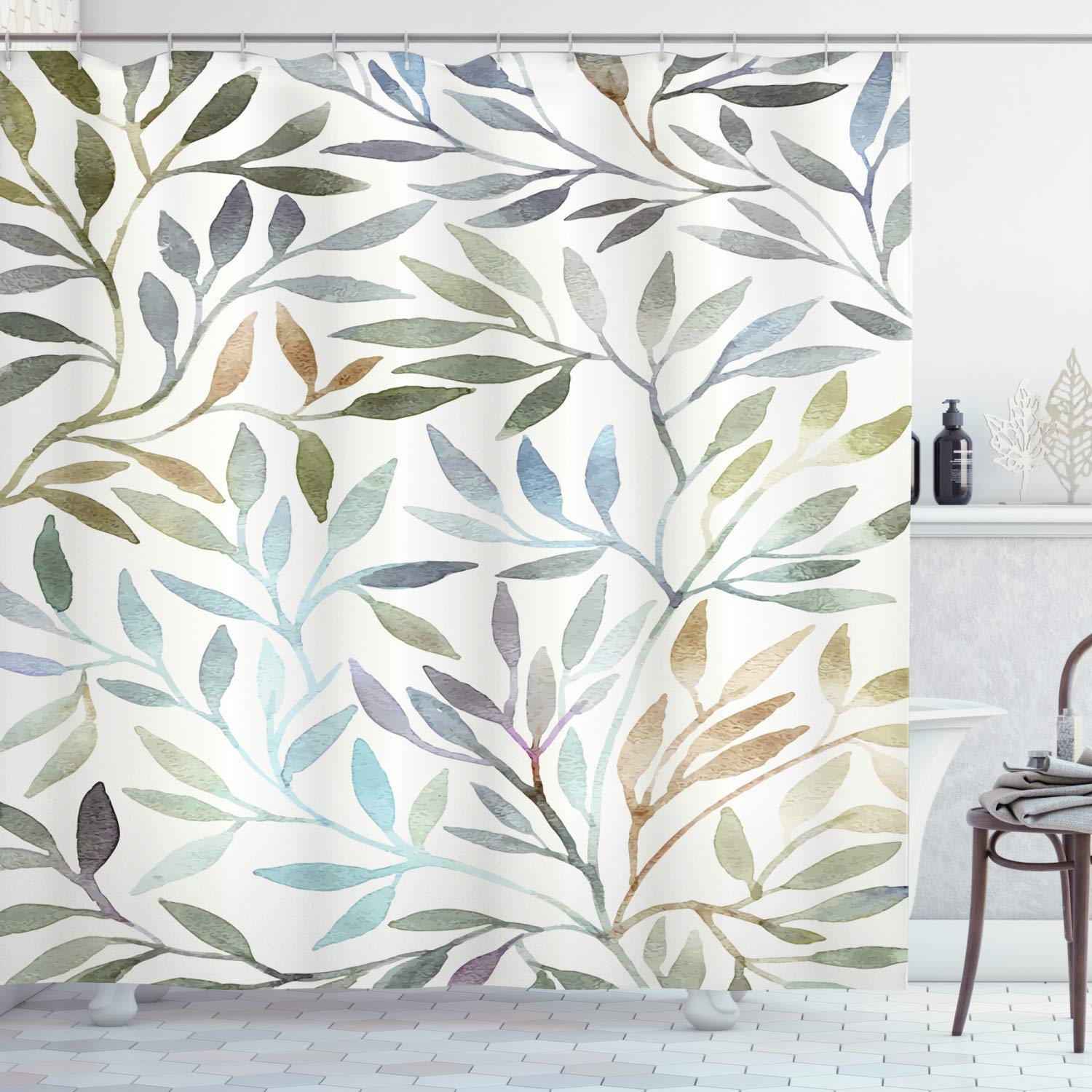 ABAKUHAUS Leaves Shower Curtain, Watercolor Floral Pattern Composition Vintage Brush Mark Pastel Foliage Illustration, Cloth Fabric Bathroom Decor Set with Hooks, 94 Inches, Multicolor