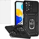 Asuwish Phone Case for Xiaomi Redmi Note 11S/11 4G with Slide Camera Cover Tempered Glass Screen Protector Ring Holder Stand Rugged Slim Cell Protective Redme Note11 S Note11S Women Men Black