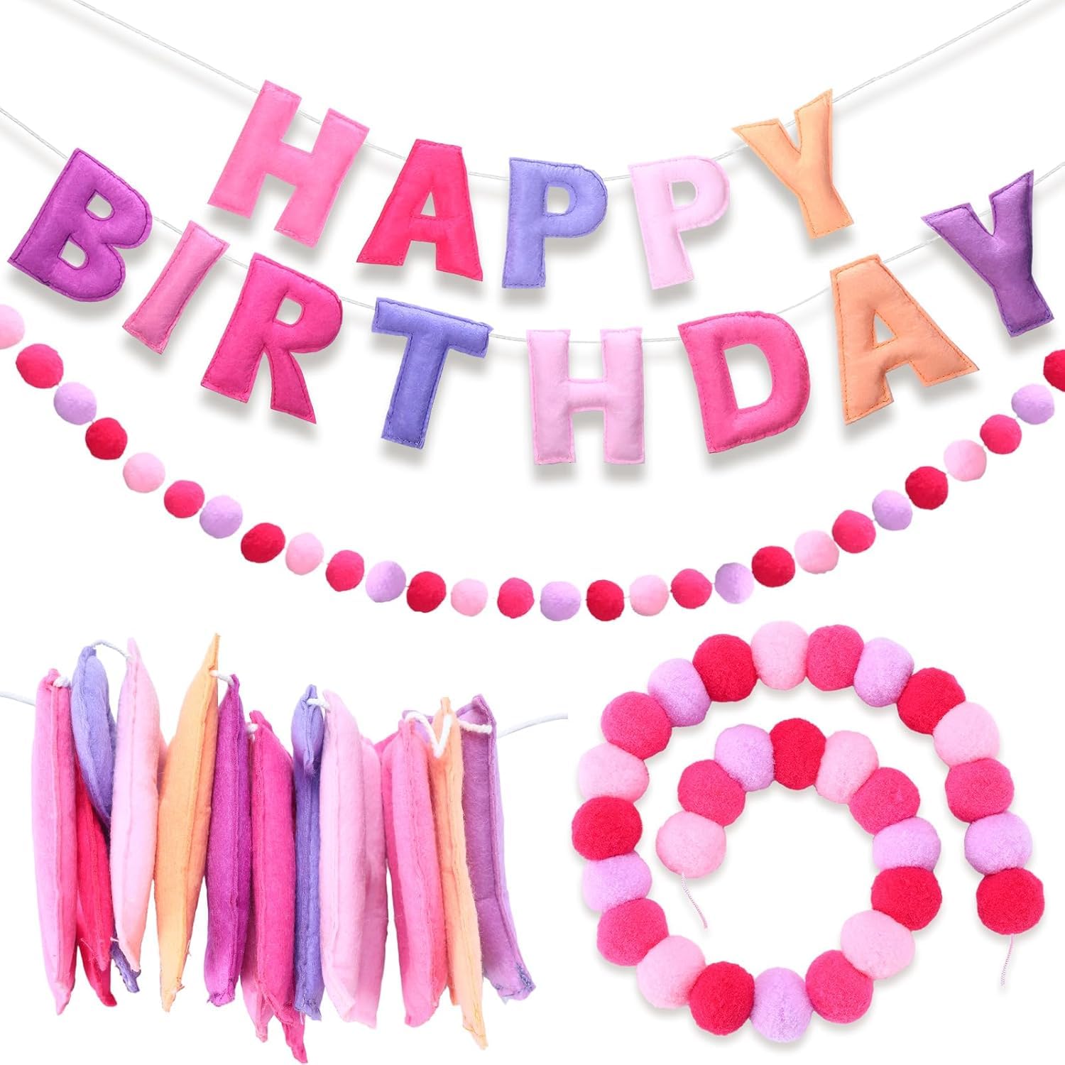 Pre-Strung Happy Birthday Banner - Felt Ball Garland - HAPPY BIRTHDAY Garland, Rainbow Birthday Decorations, Personalized Sign for Party Decor, Photo Prop (Pink With Ball) — image 1