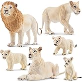 TOYMANY 6PCS White Lion Figurines with Lion Cubs, Jungle Animals Figures Realistic Family Set Includes Baby Lions, Educationa