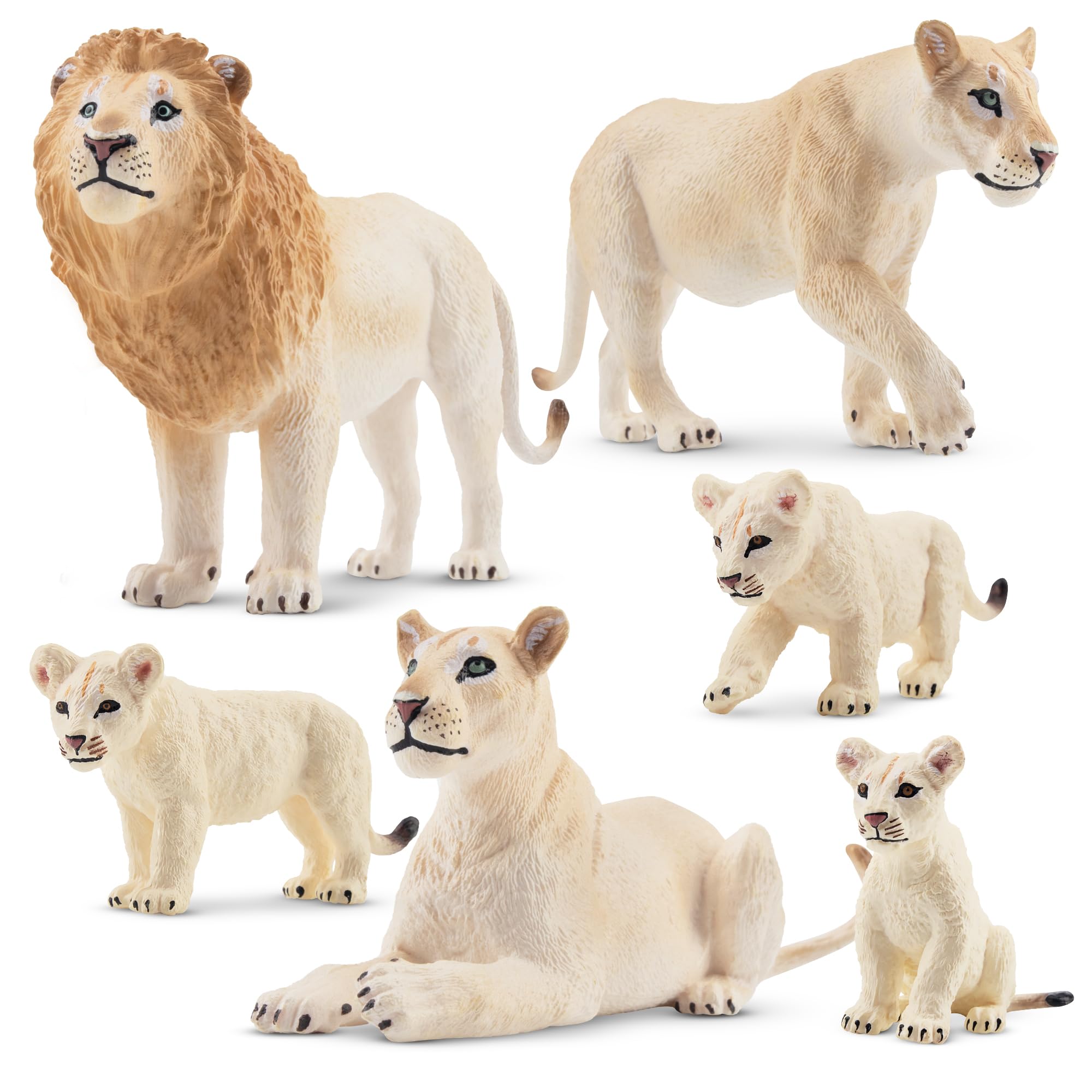 toymany 6PCS White Lion Figurines with White Lion Cubs, Realistic Jungle Animals Figures Family Set Includes Baby Lions, Educational Toy Cake Toppers Christmas Birthday Gift for Kids Toddlers