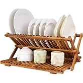 Utoplike Large Teak Dish Drying Rack, Wood Collapsible Organizer for Plates | 3 Tier Kitchen Dish Draine for Countertop, for Pasta Plates, Cups, Pots