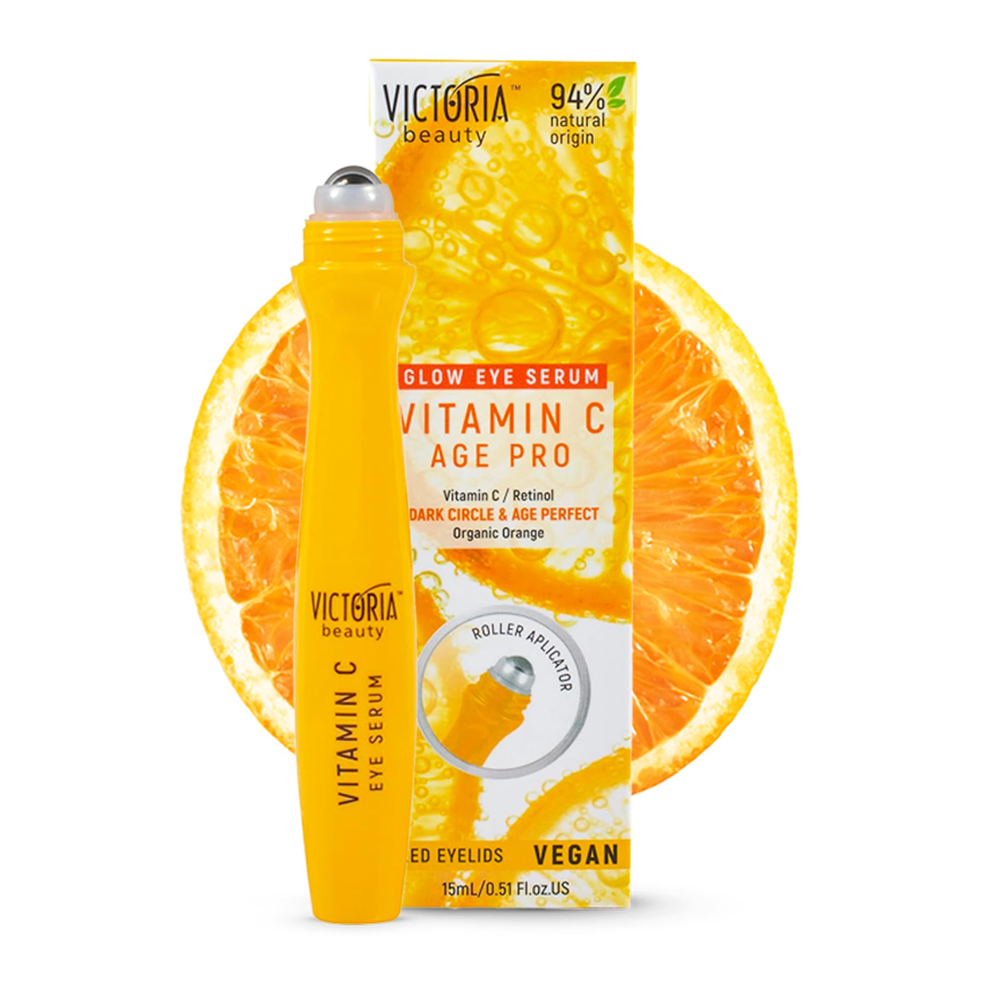 Victoria Beauty Vitamin C Eye Serum Roller - for Dark Circles, Puffy Eyes and Eye Bags - with Retinol and Vitamin E - 94% Natural, 15ml