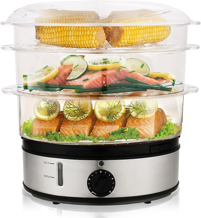 MeyKey Electric Food Steamer with Timer, 9.5 Quart 3Tier 800W Fast Heatup for Meat, Vegetable