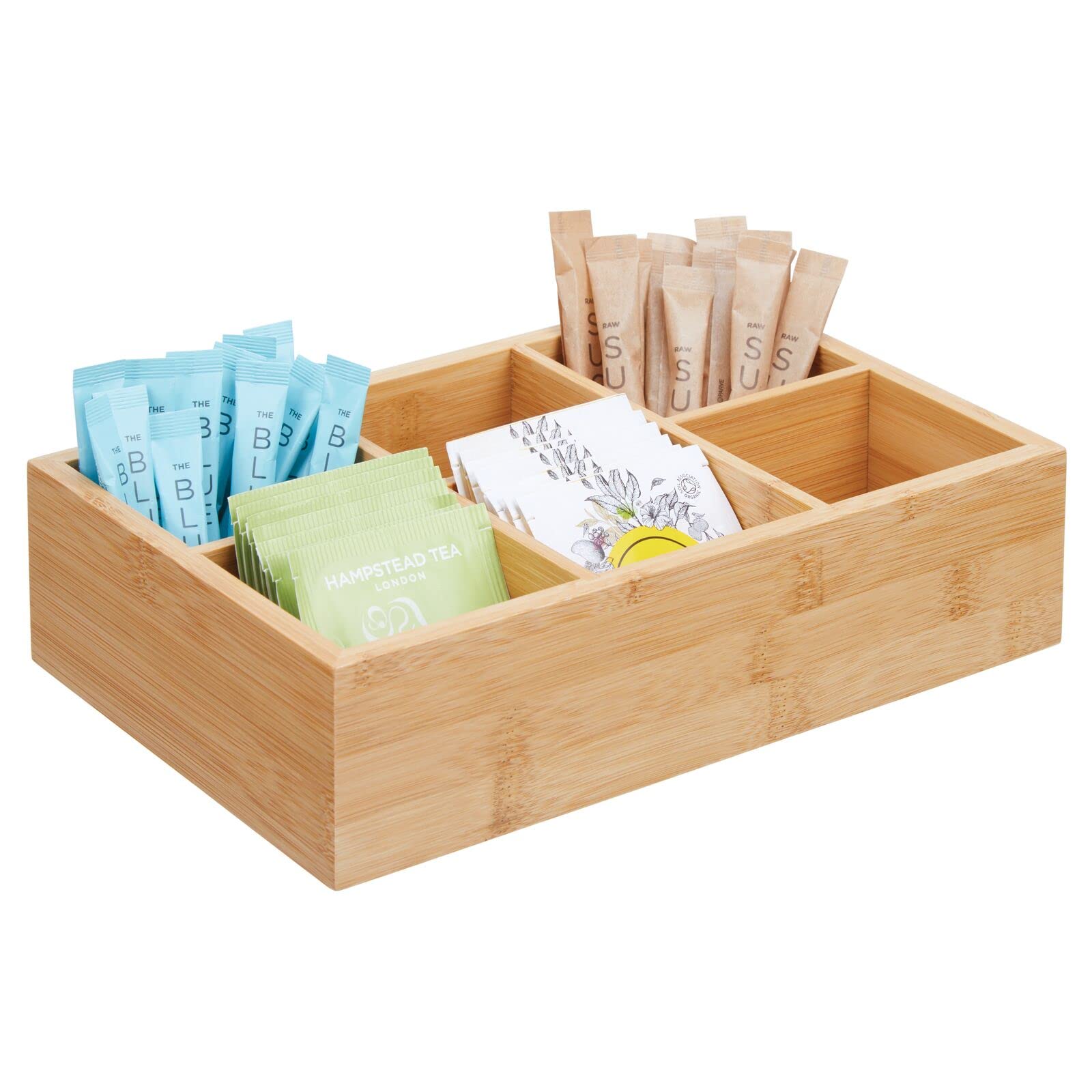 mDesign Kitchen Organiser – Storage Container with 6 Compartments for Holding Sugar, Salt, Tea Bags and Other Small Items – Kitchen Storage Box Made from Bamboo – Natural