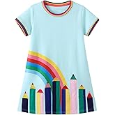 Hongshilian Little Girls Casual Cotton Dress Cartoon Print Short Sleeve Summer T-Shirt Skirt Dresses