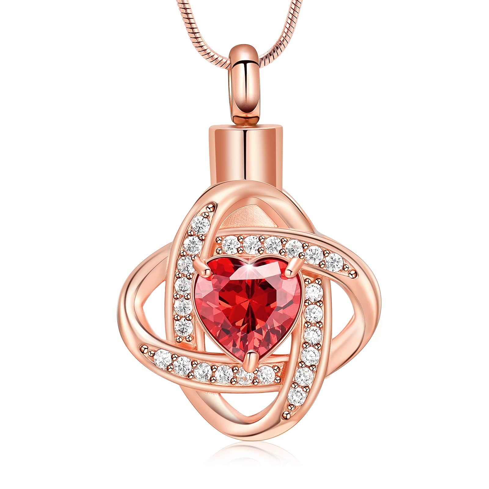 Love Knot Birthstone Urn Necklaces for Ashes Cremation Jewelry Urns Pendant for Human Ashes Memorial Keepsake Jewelry for Loved One (Rose-red)
