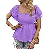 theYoChao Womens Square Neck Ruffle Short Sleeve Peplum Tops Cute Smocked Babydoll Summer Blouses
