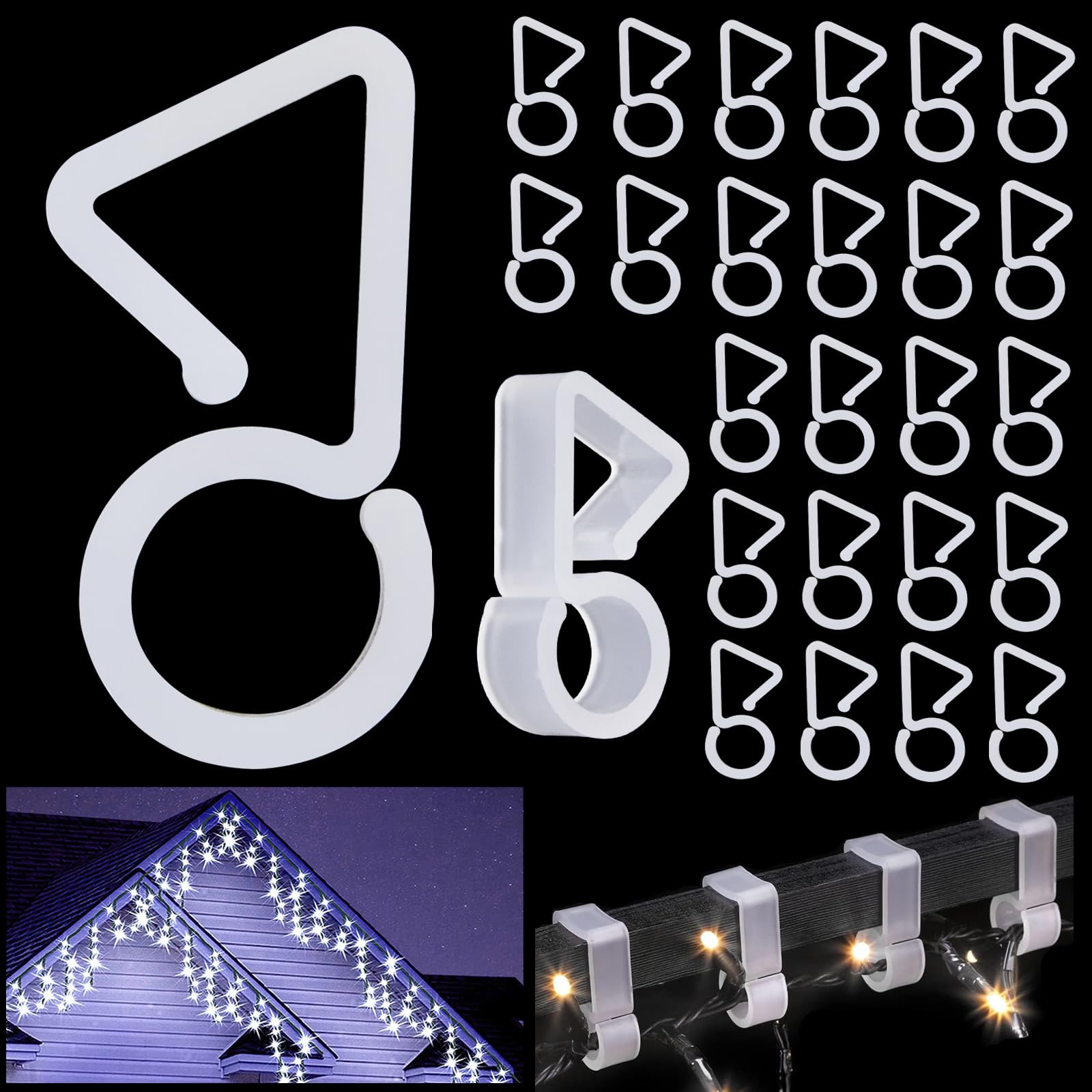 30 Pcs Gutter Hooks for Outdoor Christmas Lights, Gutter Clips for Fixing Christmas String Lights Meteor Shower Icicle Lights on Wedding Halloween Outdoor Xmas Decoration Party Garden Tree Window