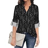 BEPEI Womens Floral 3/4 Sleeve Shirts Zip up V Neck Work Chiffon Blouses Top