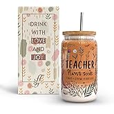 Fancyfams 16 oz Glass Teacher Cup with Bamboo Lid, and Straw, Birthday, Teacher Appreciation Gifts for Women, Iced Coffee Can Shaped Cup Jar Tumbler (Plant Seeds)