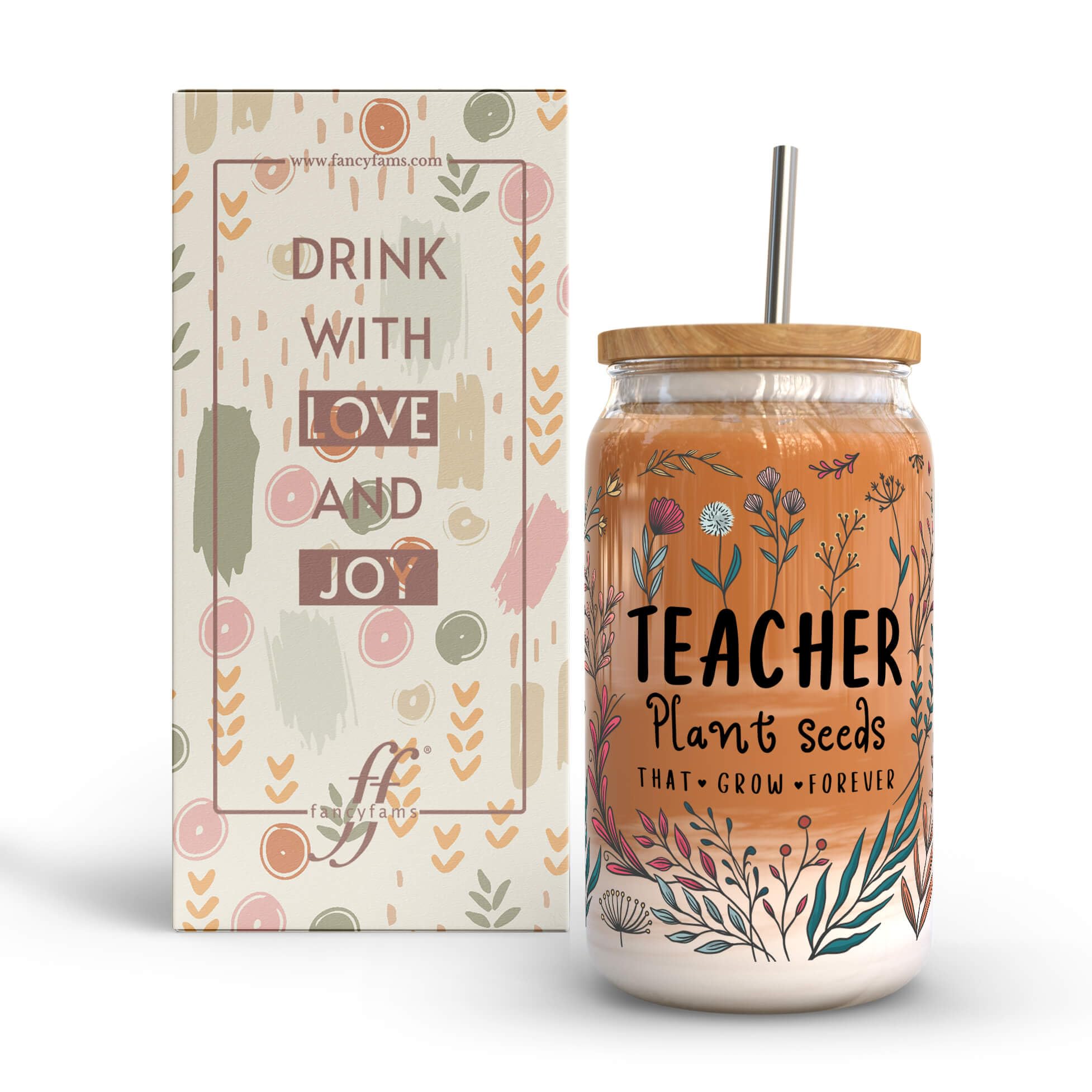 Photo 1 of ****Factory Seal****
Fancyfams 16 oz Glass Teacher Cup with Bamboo Lid, and Straw, Birthday, Teacher Appreciation Gifts for Women, Iced Coffee Can Shaped Cup Jar Tumbler (Plant Seeds)