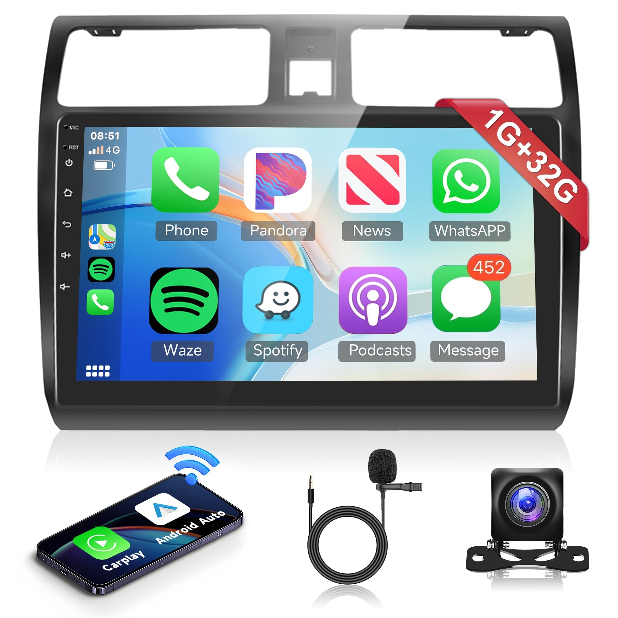 Android Car Stereo for Suzuki Swift 2003-2010 with Wireless Carplay, Rimoody 10.1 Inch Touch Screen Car Radio with GPS Navigation Bluetooth FM RDS HiFi WiFi Android Auto + AHD Backup Camera