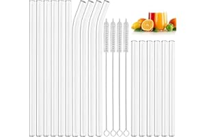 Annvchi Glasstrohhalme Wiederverwendbar 20 Stück - 6 Kurze + 6 Lange Gerade + 4 Gebogene Strohhalm Glas + 4 Reinigungsbürsten