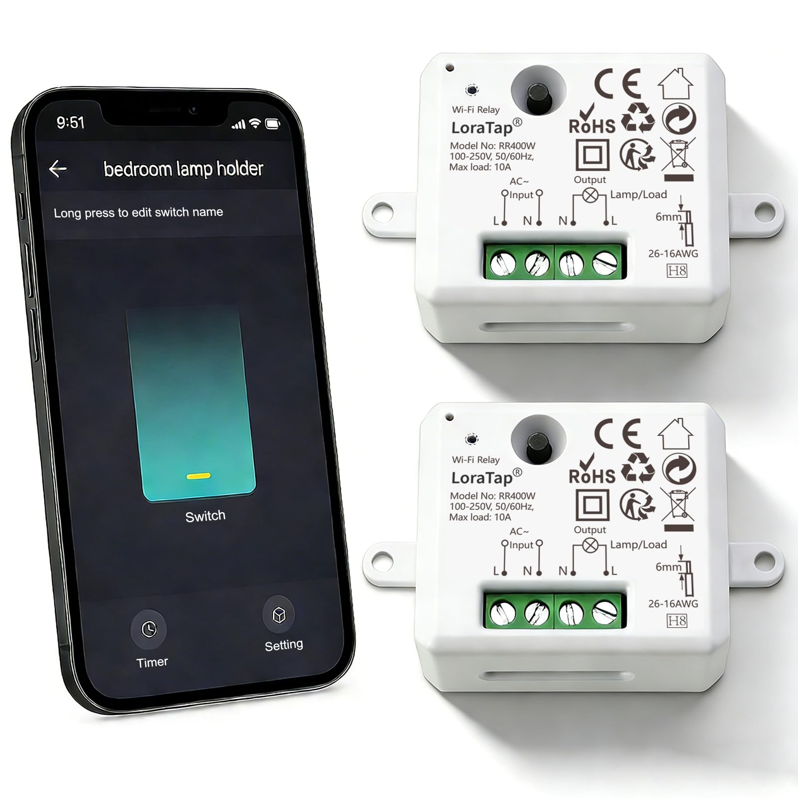 LoraTap WiFi Smart Relay Switch Module 2 Pack Wireless On/Off Remote Control Timer with Phone App Control, Works with Google Home and Alexa Echo, 10A/2500W