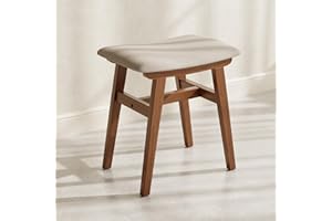 Muwuele Solid Wood Vanity Stool, Compact Makeup Chair with Saddle Cushion, Linen-Covered High Rebound Sponge Seat, Easy Assem