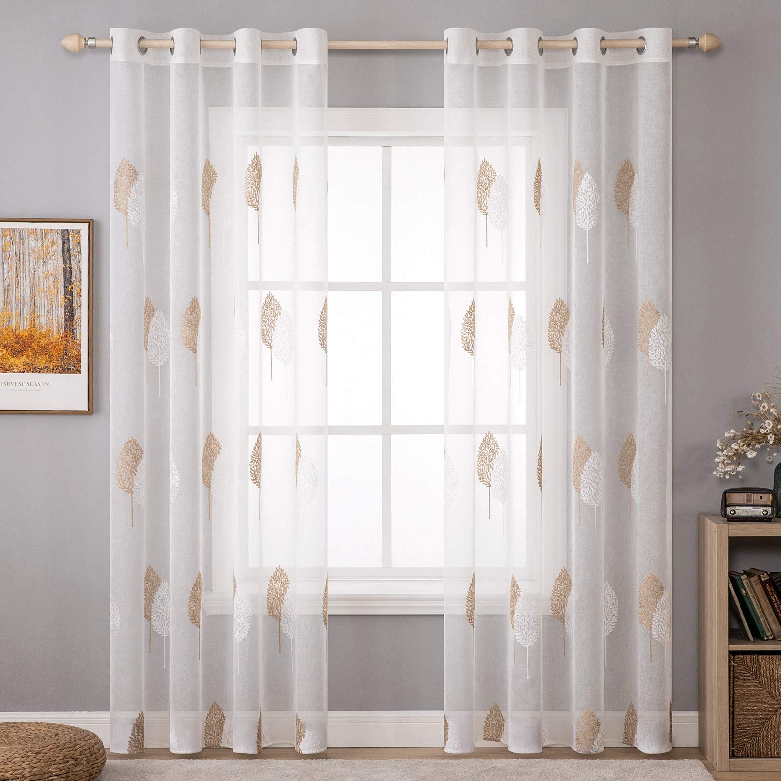 MIULEE Leaves Embroidery Sheer Curtains Grommet Window Curtain Semi Voile Drapes Panels with Eyelets Window Treatments for Living Room Bedroom Big Leaves Brown 2 Panels 55" W x 102" L