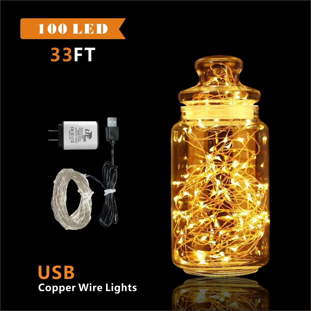 LTE 100 LED Copper Wire Lights, 33ft, Warm White, USB Powered for Halloween, Party, Wedding, DIY, Holiday Decoration