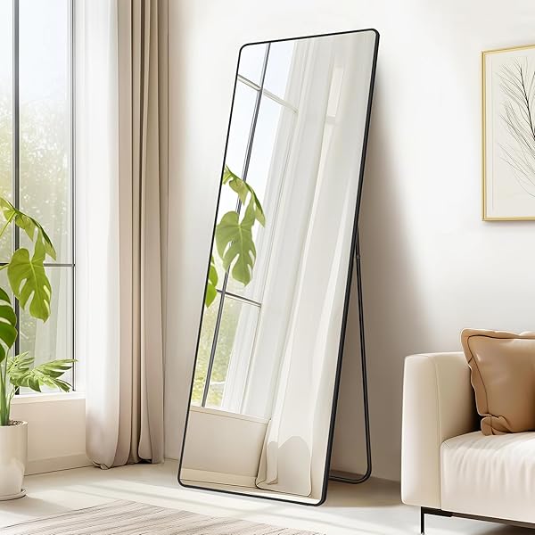 SONGMICS Ganzkörperspiegel, 160 x 50 cm, rechteckiger Standspiegel, Rahmen aus Aluminiumlegierung, Hartglas, für Schlafzimmer, Wohnzimmer, Garderobe, tintenschwarz LFM030B01