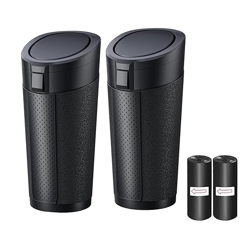 Car Trash Can with Lid, 2 Packs Leakproof Vehicle Garbage Bin, Compact Cup Holder Design, Includes 40 Trash Bags, Ideal for Car, Truck, Home, Office, Front & Back Seat Organizers (2-pack Black)