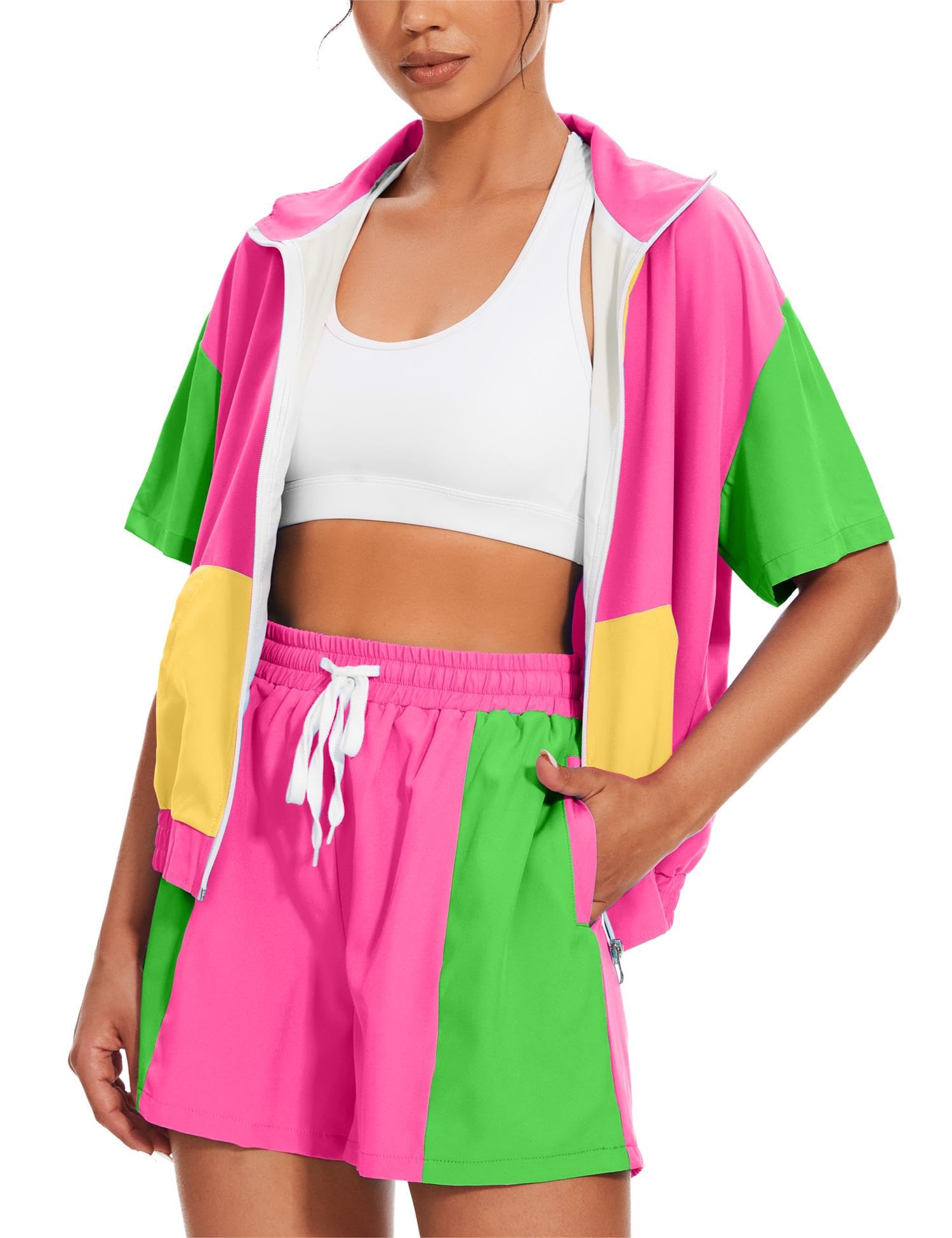 Photo 1 of ***similar item***different color*** see pic*** UOUA Women's 80s Color Block Outfits 2 Piece Tracksuit 90s Party Costume Summer Zip Up Windbreaker & Short Sets Neon Clothing Pink M