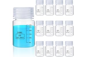 Tatuo 12 Pcs Plastic Sample Bottles with Screw Cap, Liquid Containers with Lid for Lab Reagent Sample Medicine Pill Water Storage, Travel Bottles (Clear,1oz 30 ml,Wide Mouth-dark Scale)