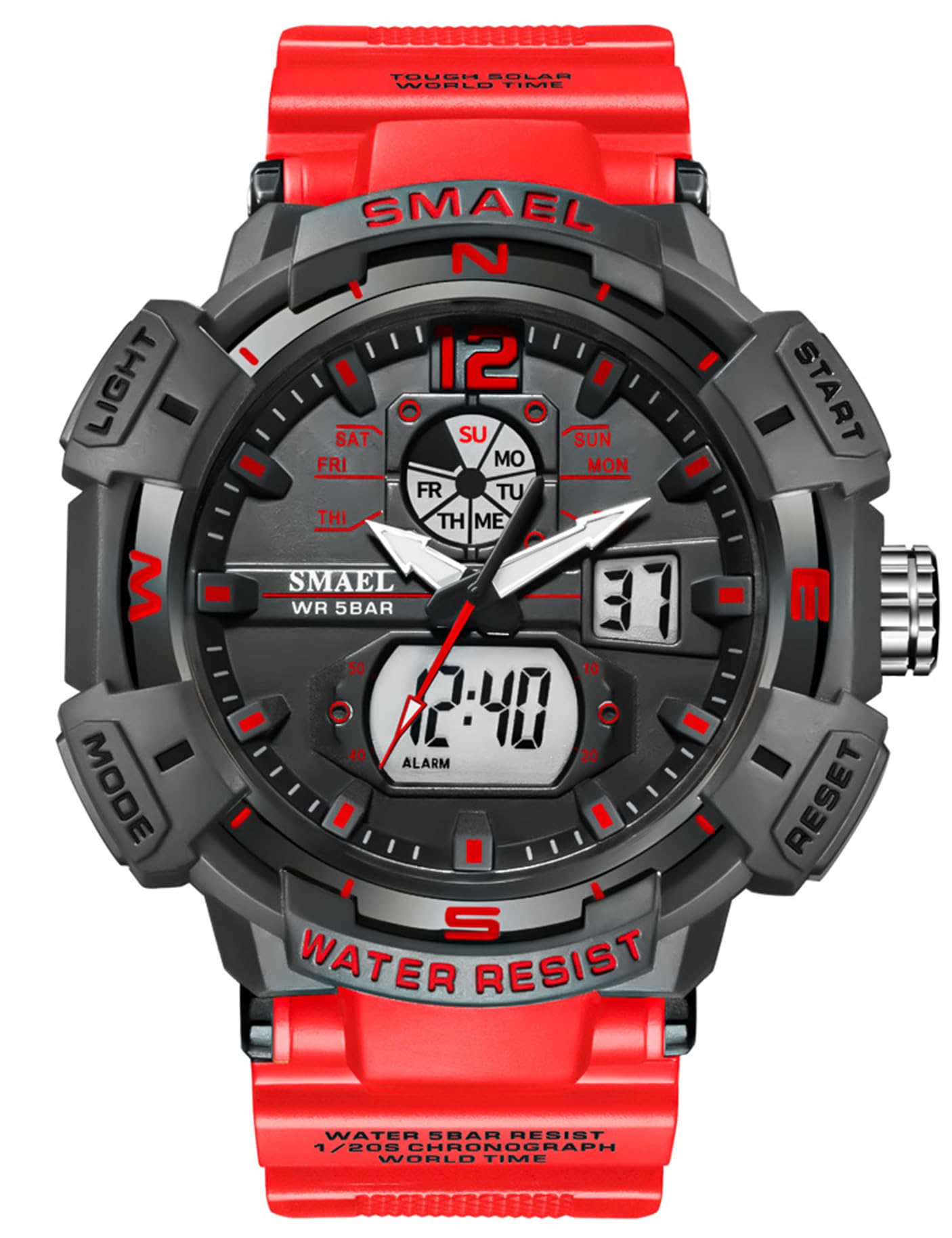 FANMIS, Mens Analog Digital Sports Watch Large Face Outdoor Sports Waterproof Military Wrist Watches with Date Multifunction Tactics LED Army Stopwatch, Red Band, Digital