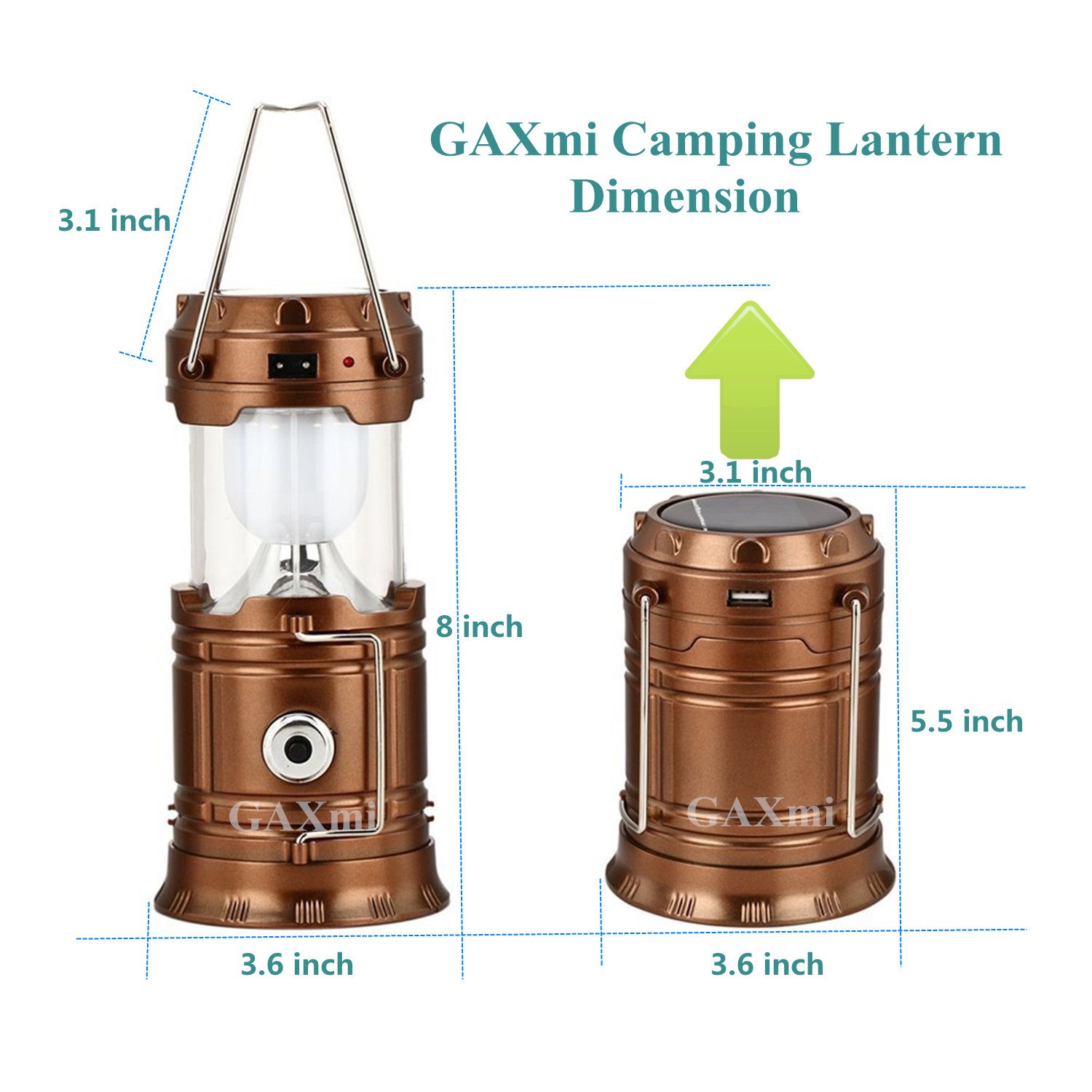 GAXmi Solar Camping Lantern Rechargeable Emergency Light Portable Collapsible LED Flashlight (Bronze)