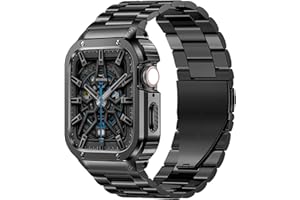 MioHHR Stainless Steel Band and Case Compatible with Apple Watch Band 45mm, Men Metal Protective Bumper Cover for iWatch Series 9/8/7, Black