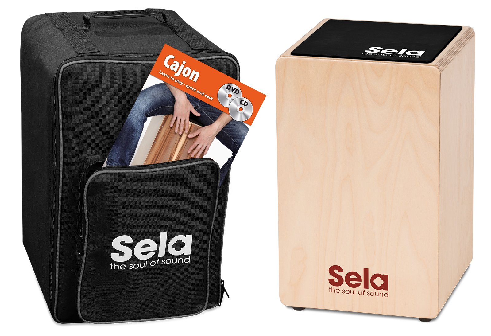 Sela SE 152 EN Primera Cajon beginner bundle with backpack, cajon pad, English Cajon book, CD and DVD