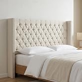 Madison Park Amelia Upholstered Headboard | Nail Head Trim Wingback Button Tufted | Queen, Cream