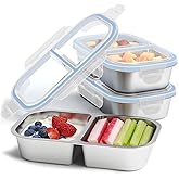 EC-Gaze 3 Pack Stainless Steel Snack Containers, 2 Compartment Reusable Metal Snack Boxes Containers with Leak-Proof Lids, Compact Lunch Box Food Storage Container