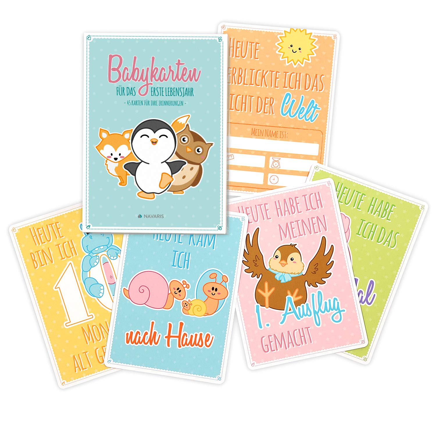 Navaris Baby Keepsake Cards - First Year After Birth - for the First Months - Pack of 45 Pieces for Girl and Boy in German