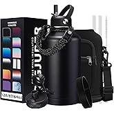 DIGJUPER Insulated Water Bottle 64oz - w/Paracord Handle, Straw & Spout Lids, Carrier Bag, Half Gallon Sport Stainless Steel Water Flask Jug, Thermo Mug Double-wall Vacuum Water Bottle