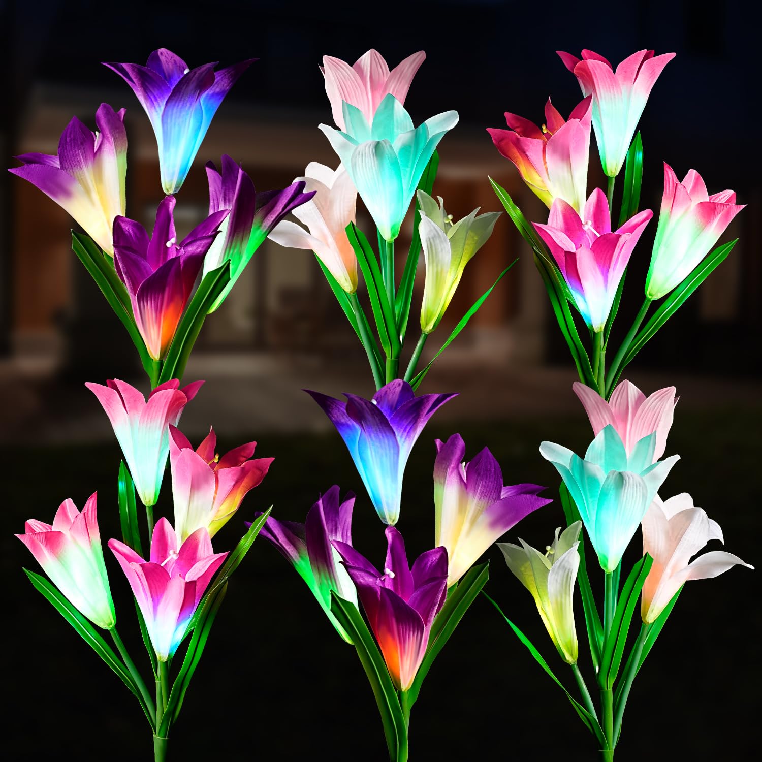Photo 1 of 6 Pack Solar Garden Lights Outdoor, 7 Color Changing LED Waterproof Solar Powered Lily Flowers Landscape Lights for Outside Yard, Patio, Pathway Decorative, Décor