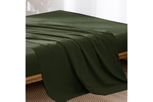 MooMee Flat Top Sheet Only 100% Washed Cotton Linen Like Textured Breathable Durable Soft Comfy (Olive Green, King)