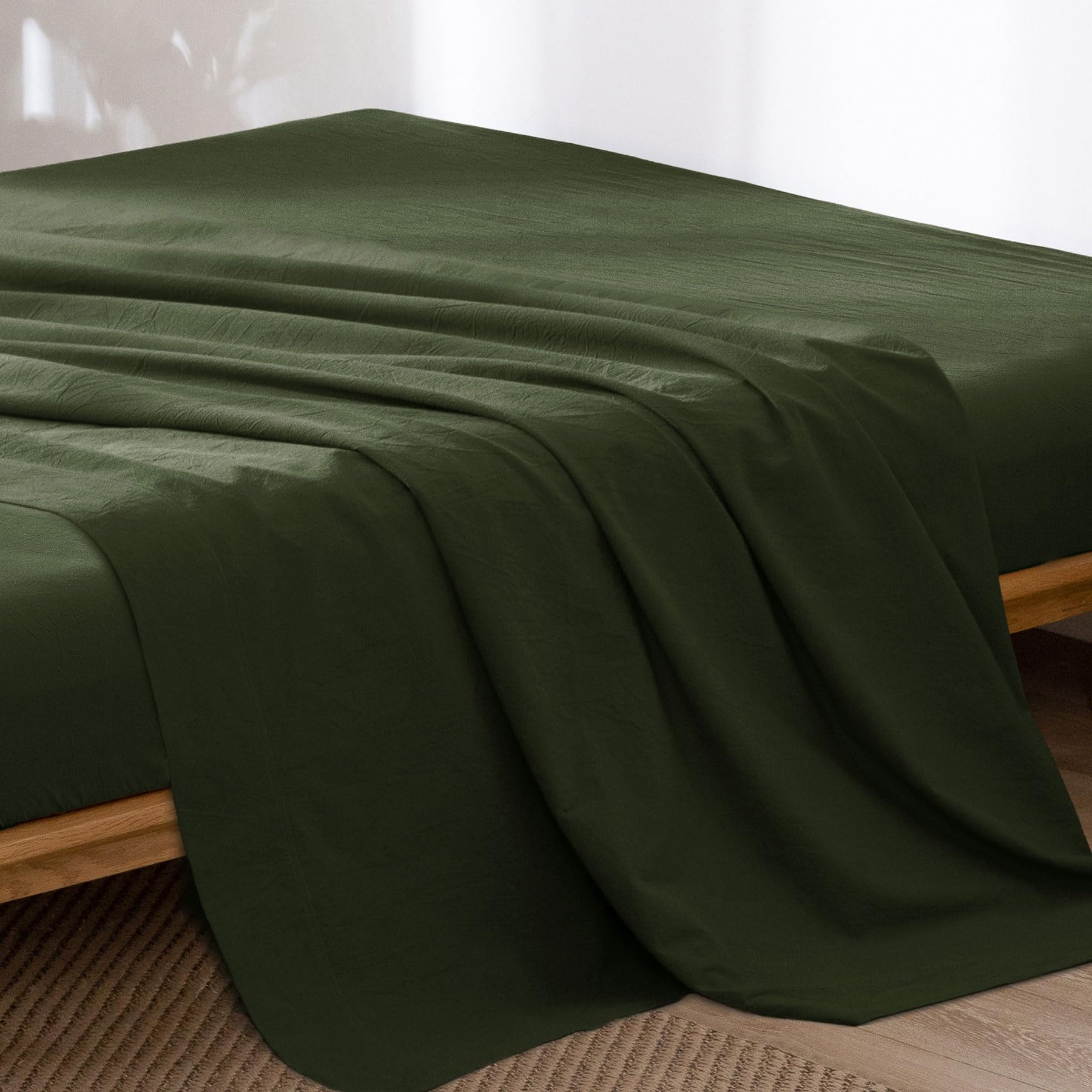 Photo 1 of MooMee Flat Top Sheet Only 100% Washed Cotton Linen Like Textured Breathable Durable Soft Comfy (Olive Green, King)